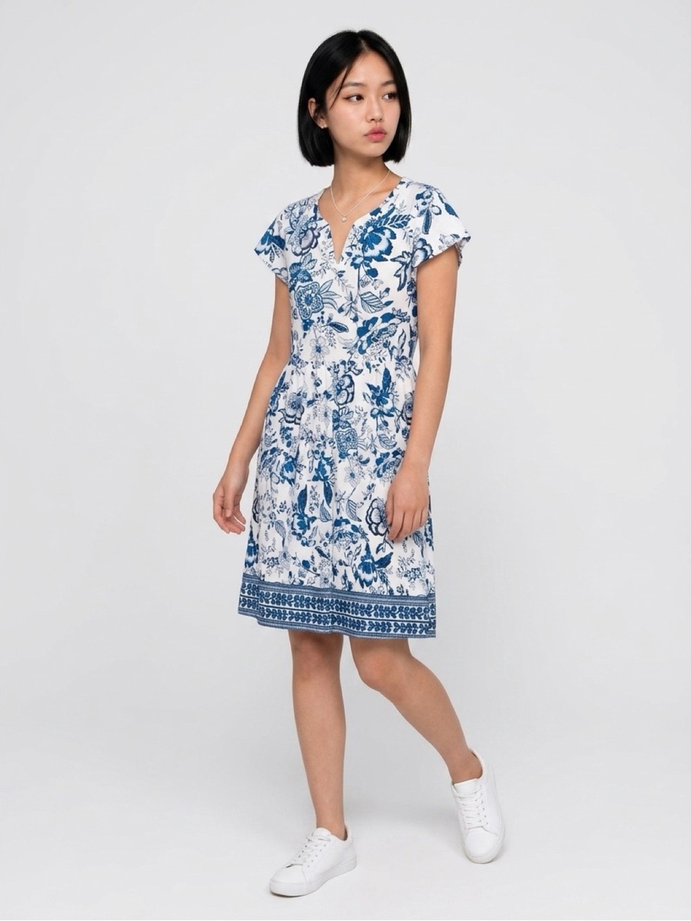Amazon White and Blue Floral Border-Trim Midi Dress